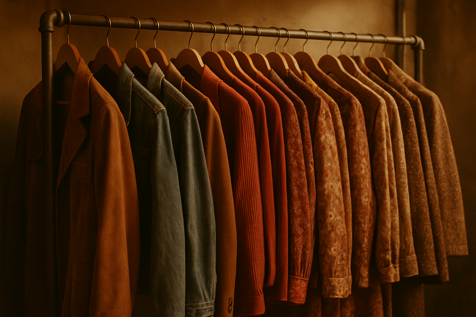 A warm film-style photo of a vintage clothing rack filled with 70s and 80s jackets, denim, and patterned garments in earthy tones
