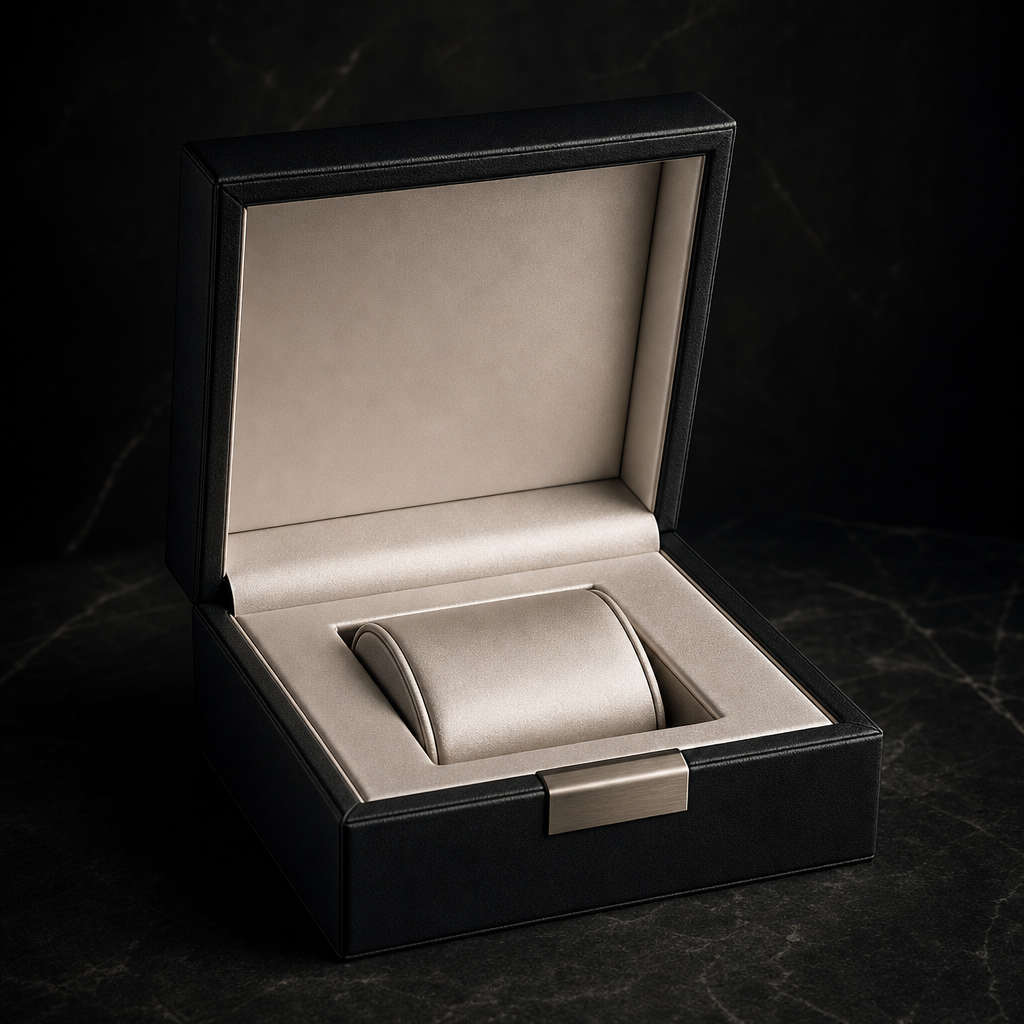 Minimalist charcoal leather watch presentation box with satin lining and a subtle metallic clasp