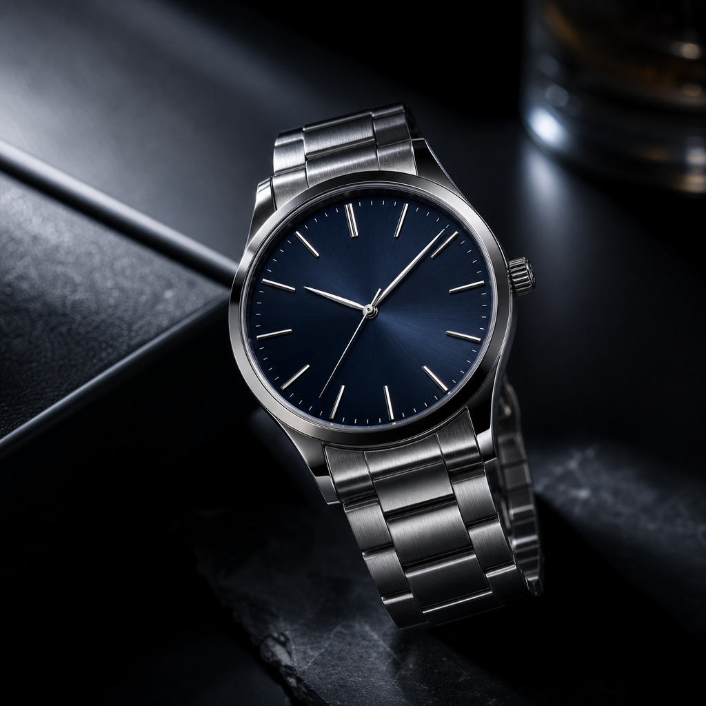 Polished dark steel luxury wristwatch with a deep midnight dial, slim baton indices, and a brushed metal bracelet on a shadowed surface