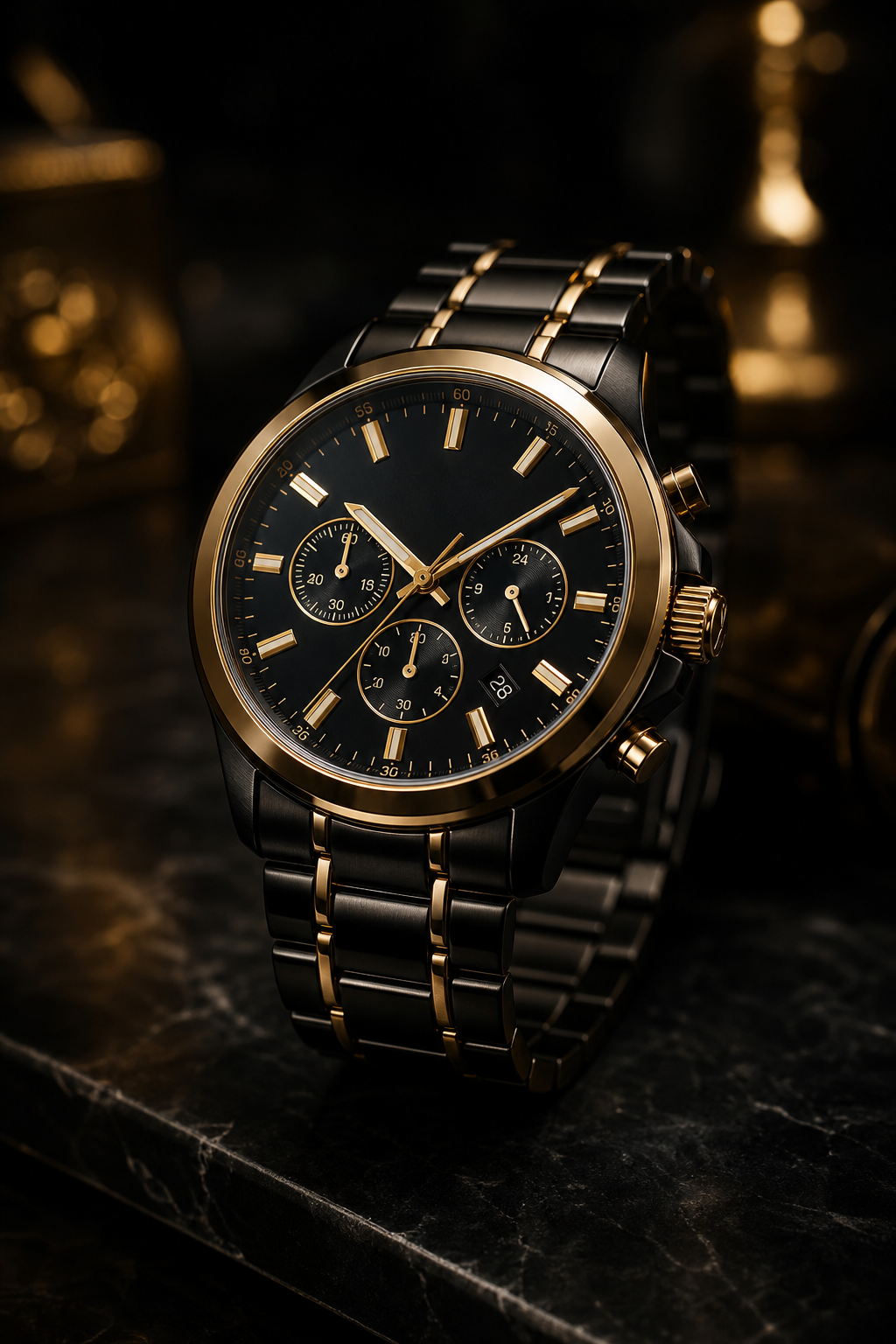Luxury black and gold wristwatch with a polished metal bracelet and detailed dial in dramatic studio lighting