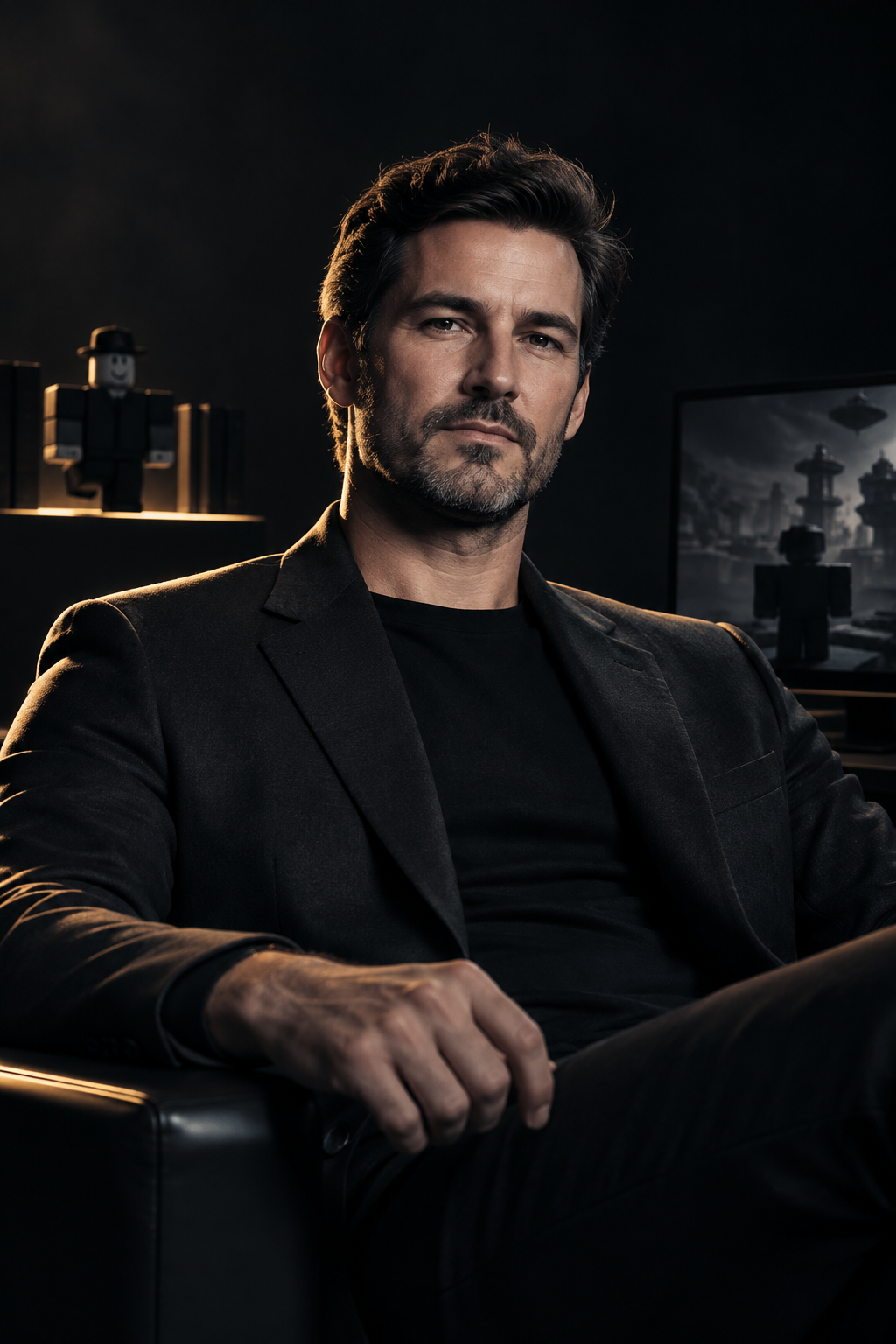 Stylized portrait of a senior executive producer in a dark tailored jacket, cinematic studio lighting, premium editorial composition