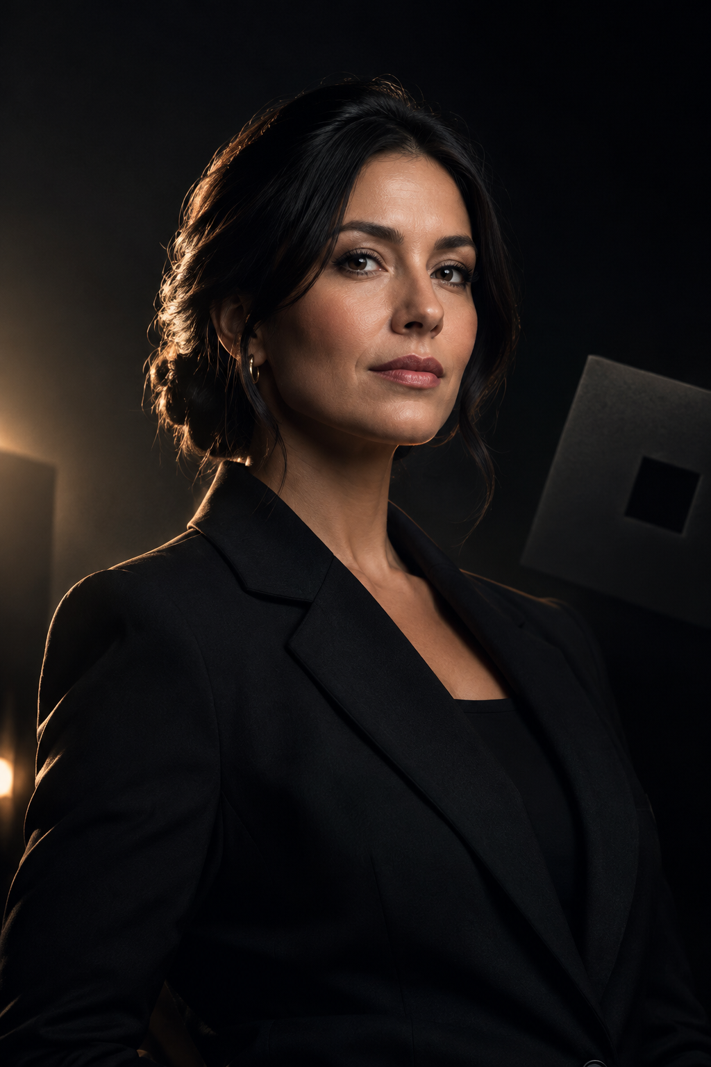 Stylized portrait of a partnerships lead in a minimalist black blazer, clean rim lighting, premium game-studio editorial mood