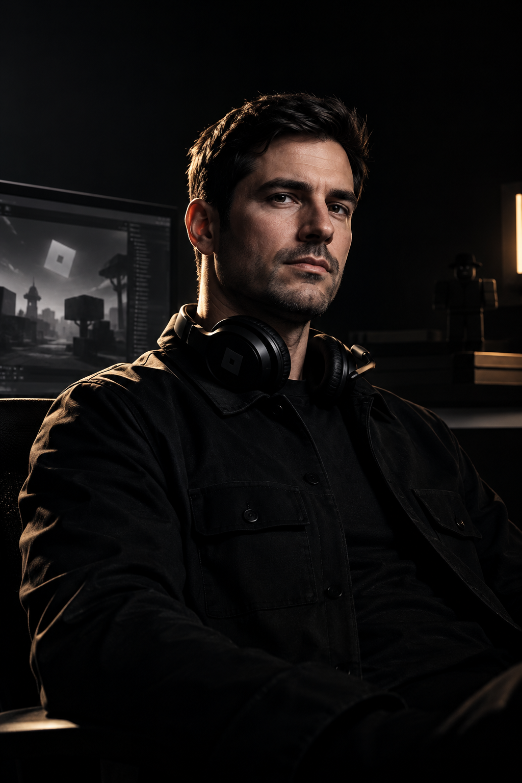 Stylized portrait of a technical director with short dark hair, subtle headset silhouette, high-contrast noir editorial lighting