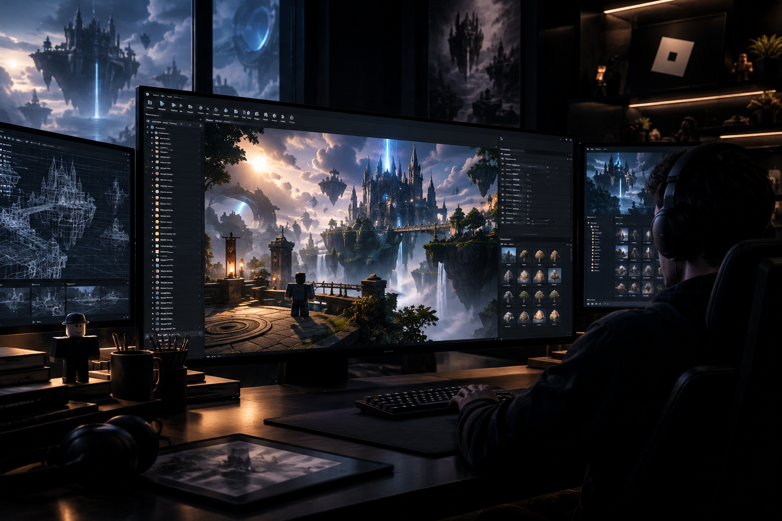 Cinematic ROBLOX game environment workspace with polished lighting, terrain tools, and production UI panels