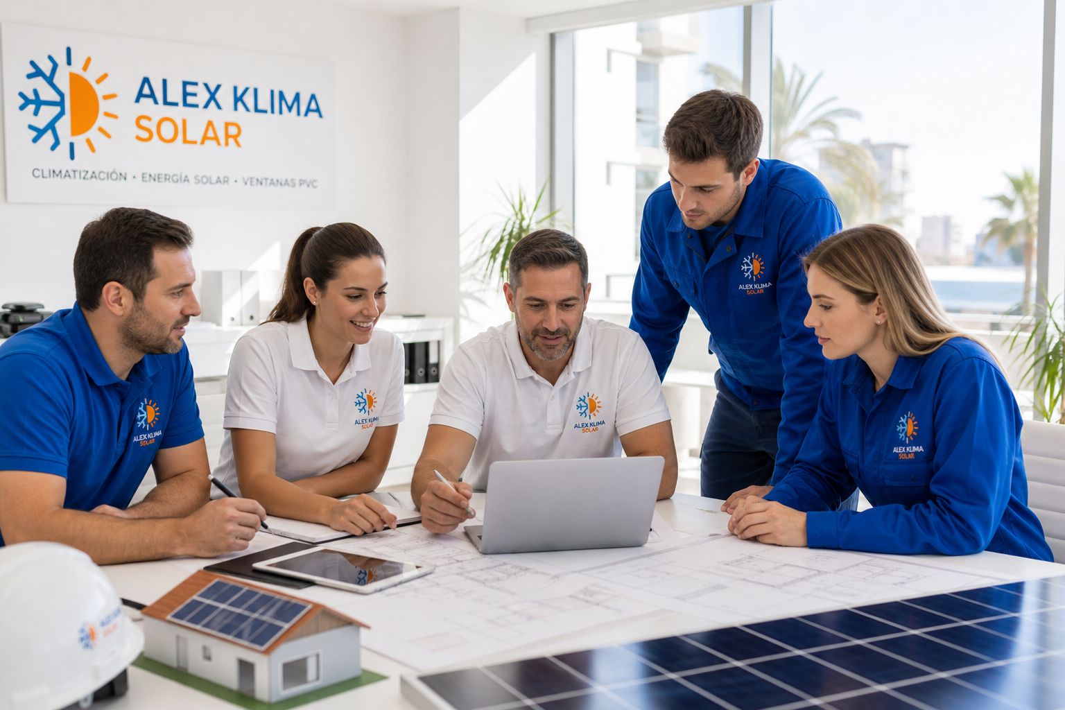 Команда инженеров ALEX KLIMA SOLAR в светлом офисе, в брендовой форме, обсуждает проекты климатических систем и солнечных панелей