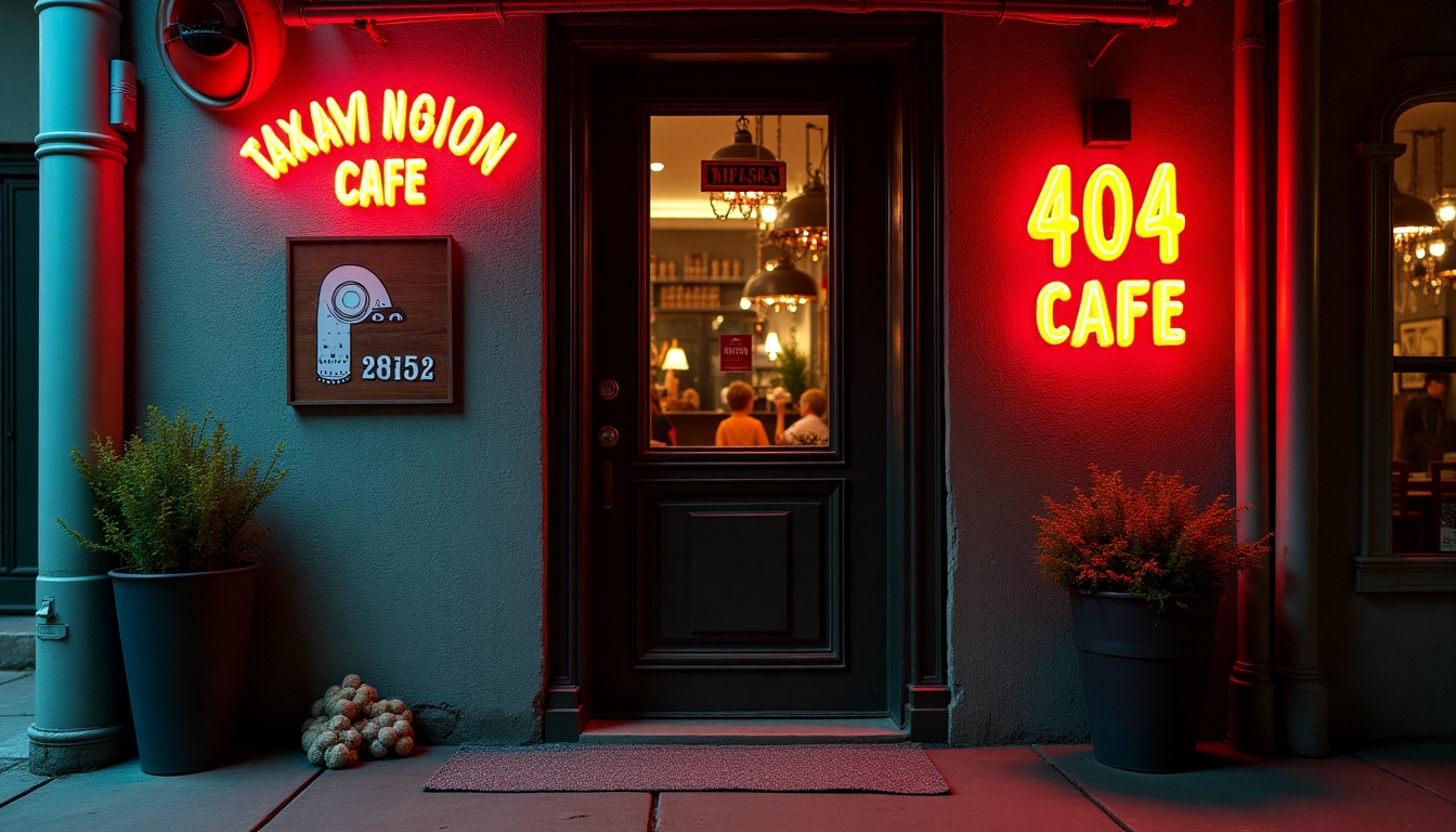 A quirky, hidden entrance to 404 Cafe, partially obscured, playful signage, vibrant colors, mysterious vibe