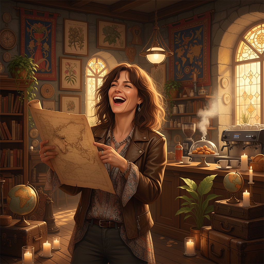 Lila laughing with a map in hand