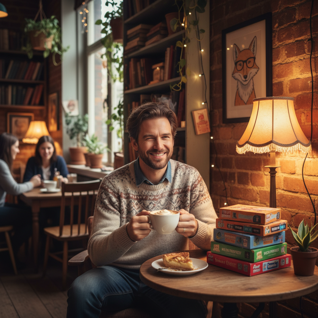 Wilson with a playful wink in a cozy cafe corner