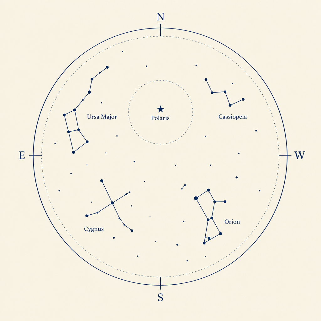 Simple educational sky map with major constellations labeled around Polaris