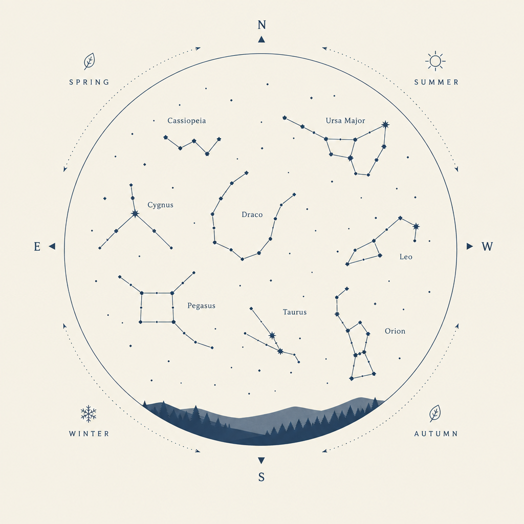 Minimalist constellation learning chart with labeled stars, connecting lines, and seasonal sky orientation