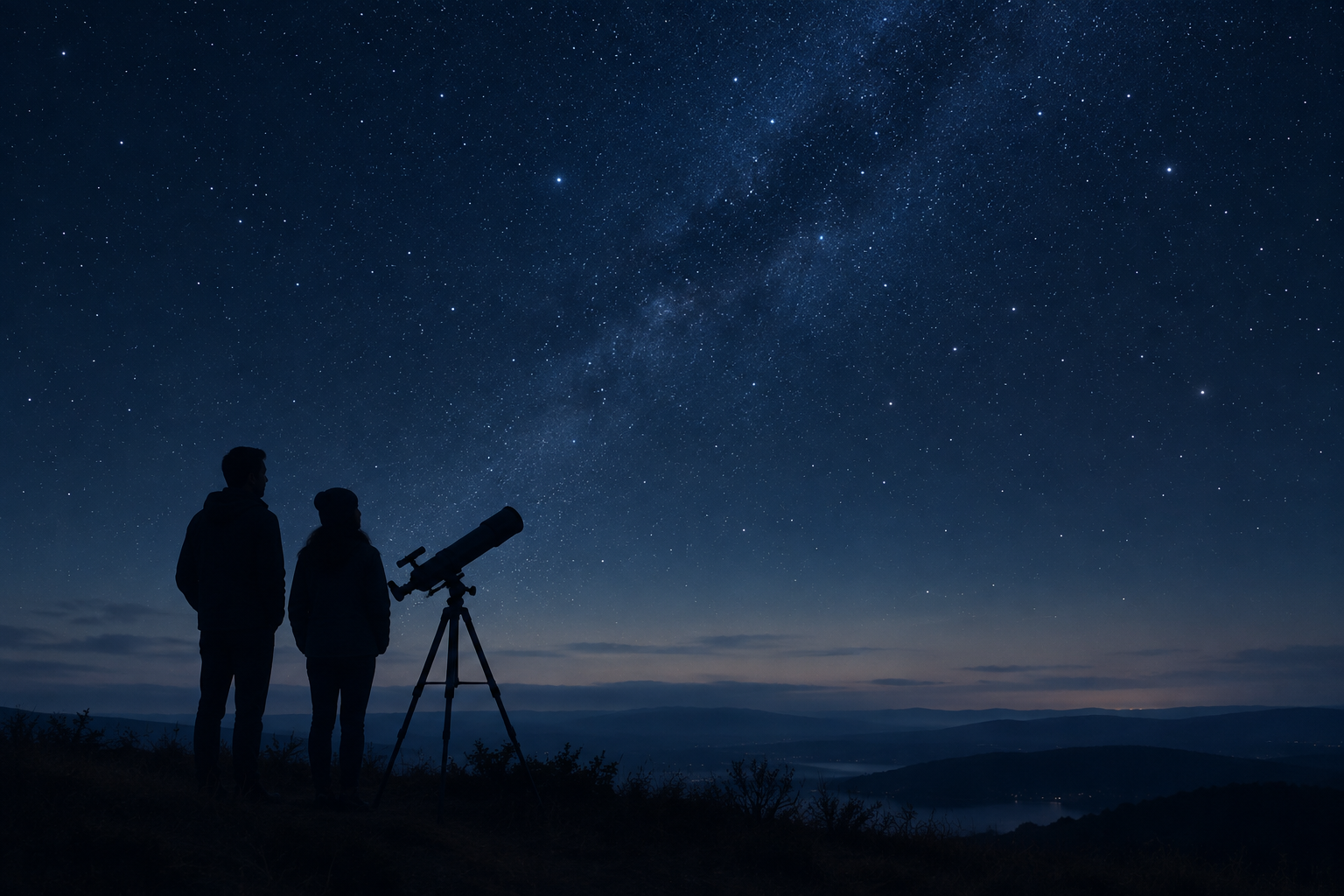 Calm night-sky observation scene with silhouettes of amateur stargazers beside a telescope under a starry sky