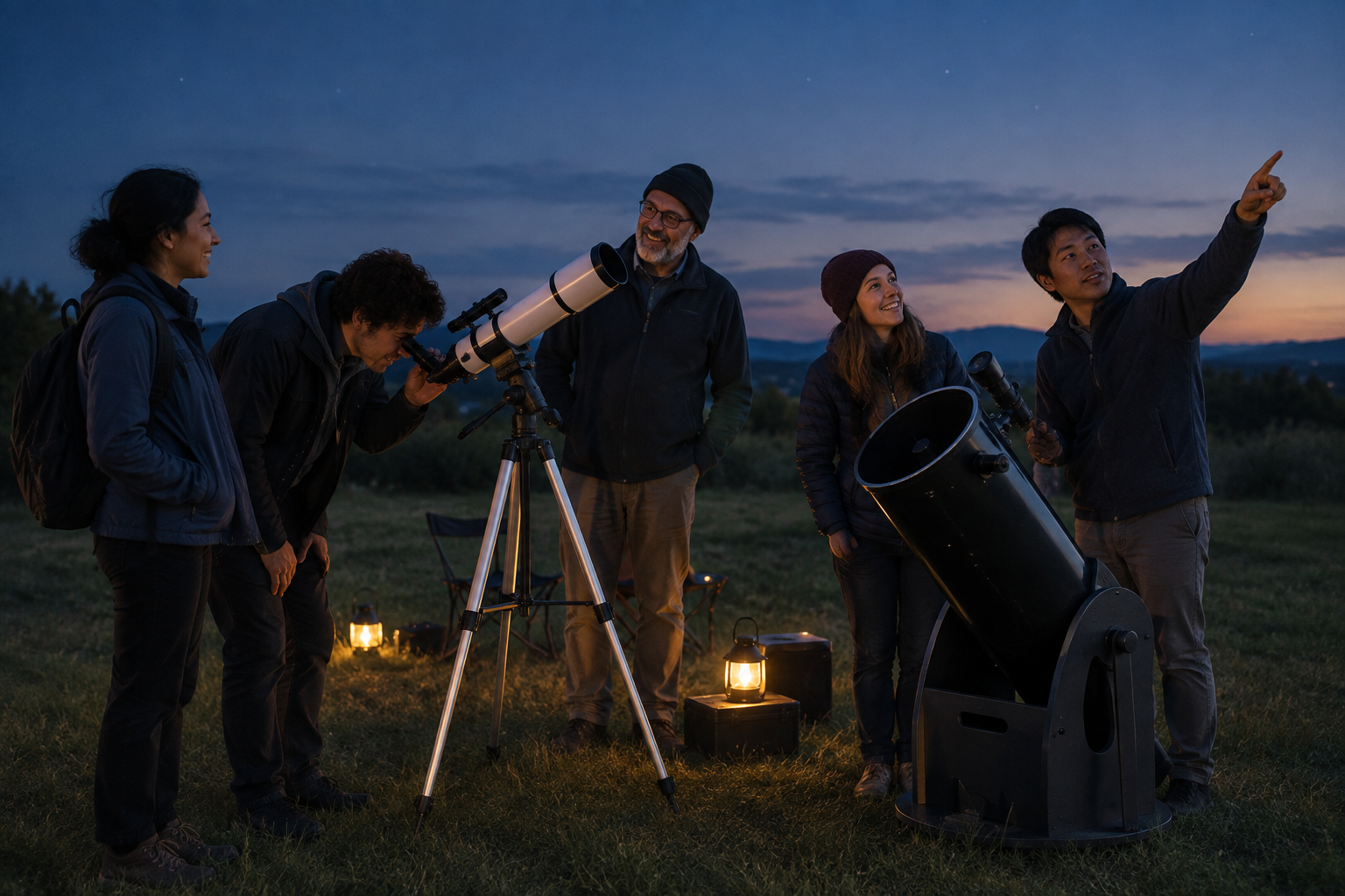 Small group of amateur stargazers gathered outdoors at dusk with telescopes, sharing observations