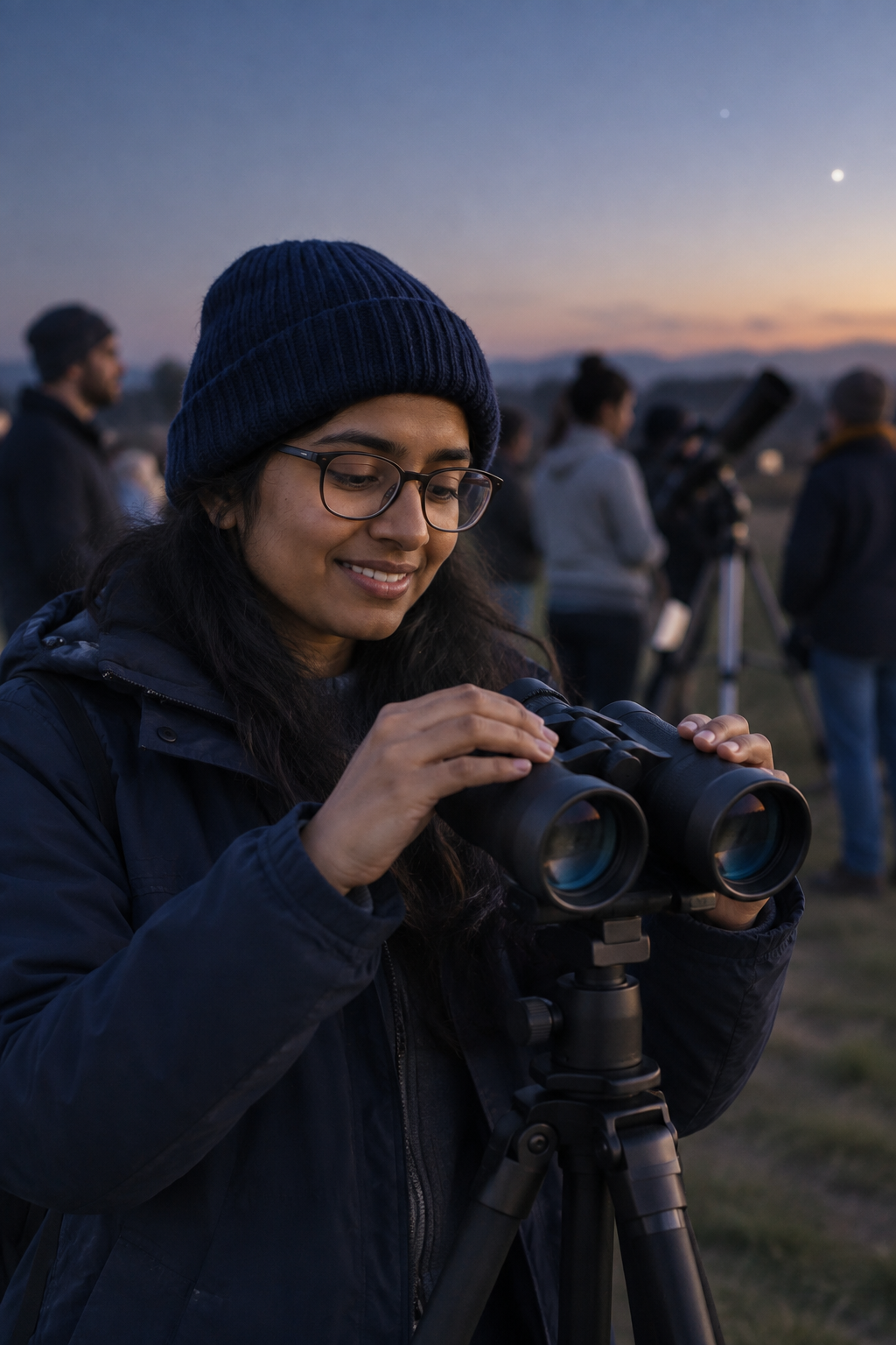 Aisha Khan, a South Asian woman wearing a navy knit hat and glasses, adjusting binoculars during twilight