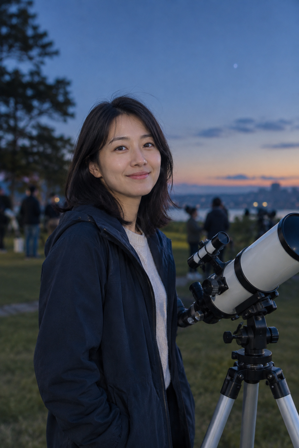 Lina Park, a Korean woman in her early 30s with shoulder-length dark hair, smiling gently beside a telescope at dusk