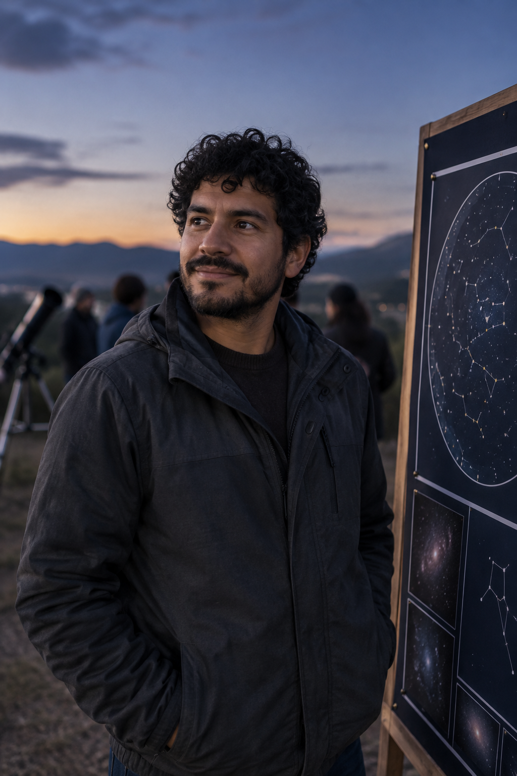 Mateo Ruiz, a Latino man with curly dark hair and a light beard, standing near a star chart board in soft evening light