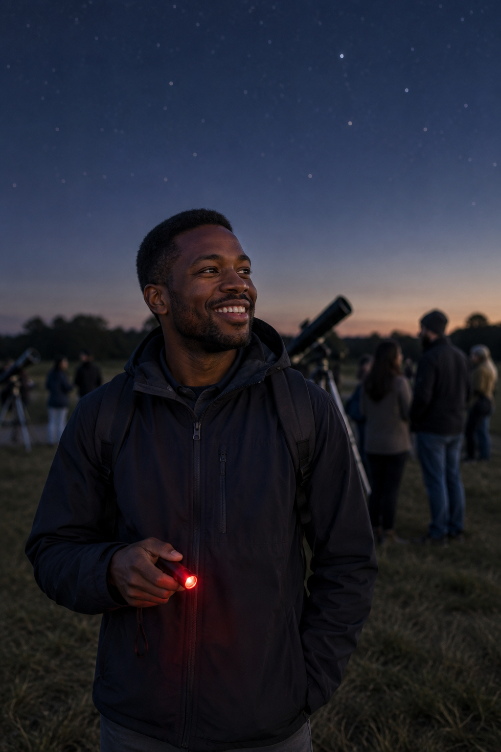 Noah Brooks, a Black man with short hair and a warm smile, holding a red flashlight beside club members on a night field