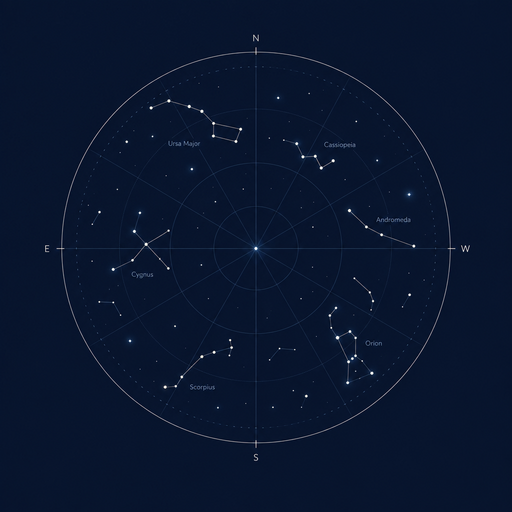 Minimal educational star-chart illustration with labeled constellation lines on a calm night-sky grid