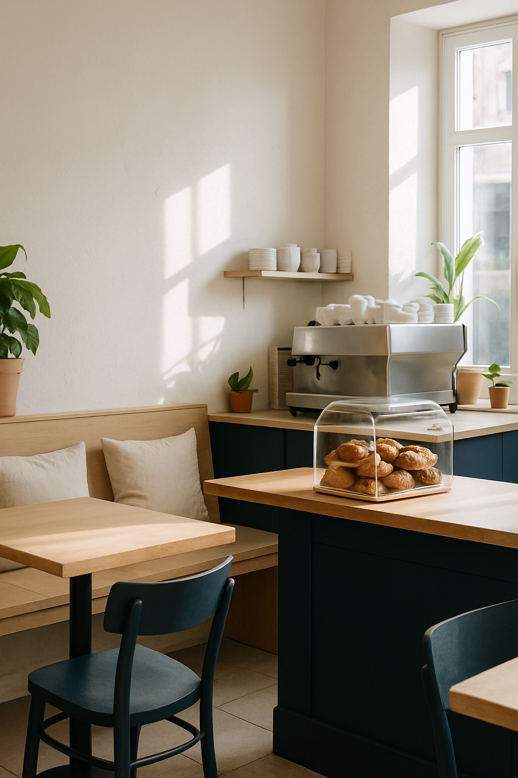 Bright Scandinavian neighborhood cafe interior with off-white walls, deep navy accents, pale wood tables, soft morning light and fresh pastries on the counter