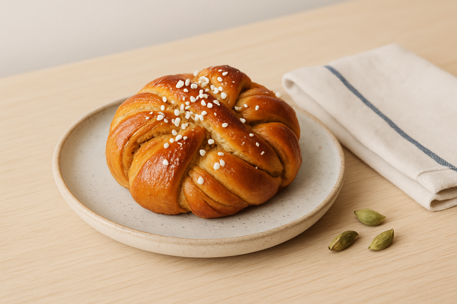Golden hand-knotted cardamom bun dusted with pearl sugar on a speckled sand ceramic plate on a pale oak table in soft morning window light