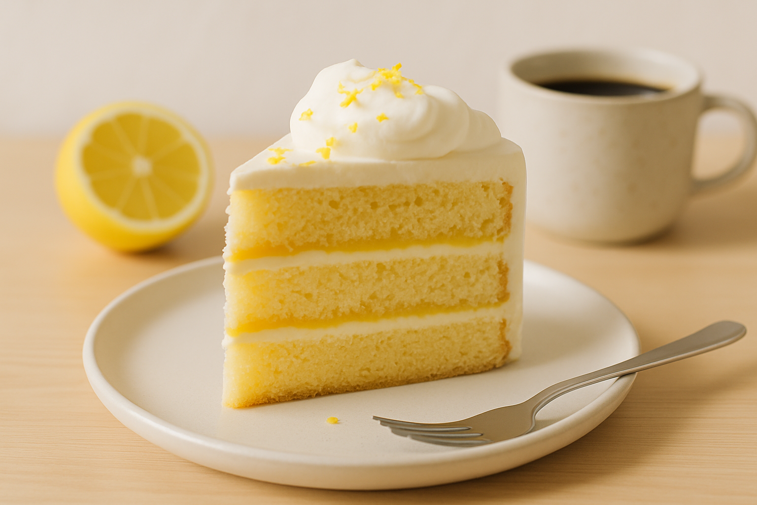 Slice of pale yellow lemon chiffon cake layered with lemon curd and a soft cloud of vanilla cream on a white ceramic plate with a lemon half