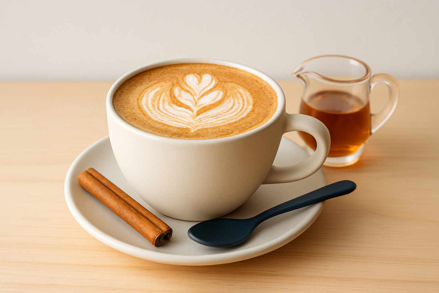 Maple oat latte with a delicate rosetta in a matte white handmade cup beside a small glass jug of amber maple syrup on light birch wood