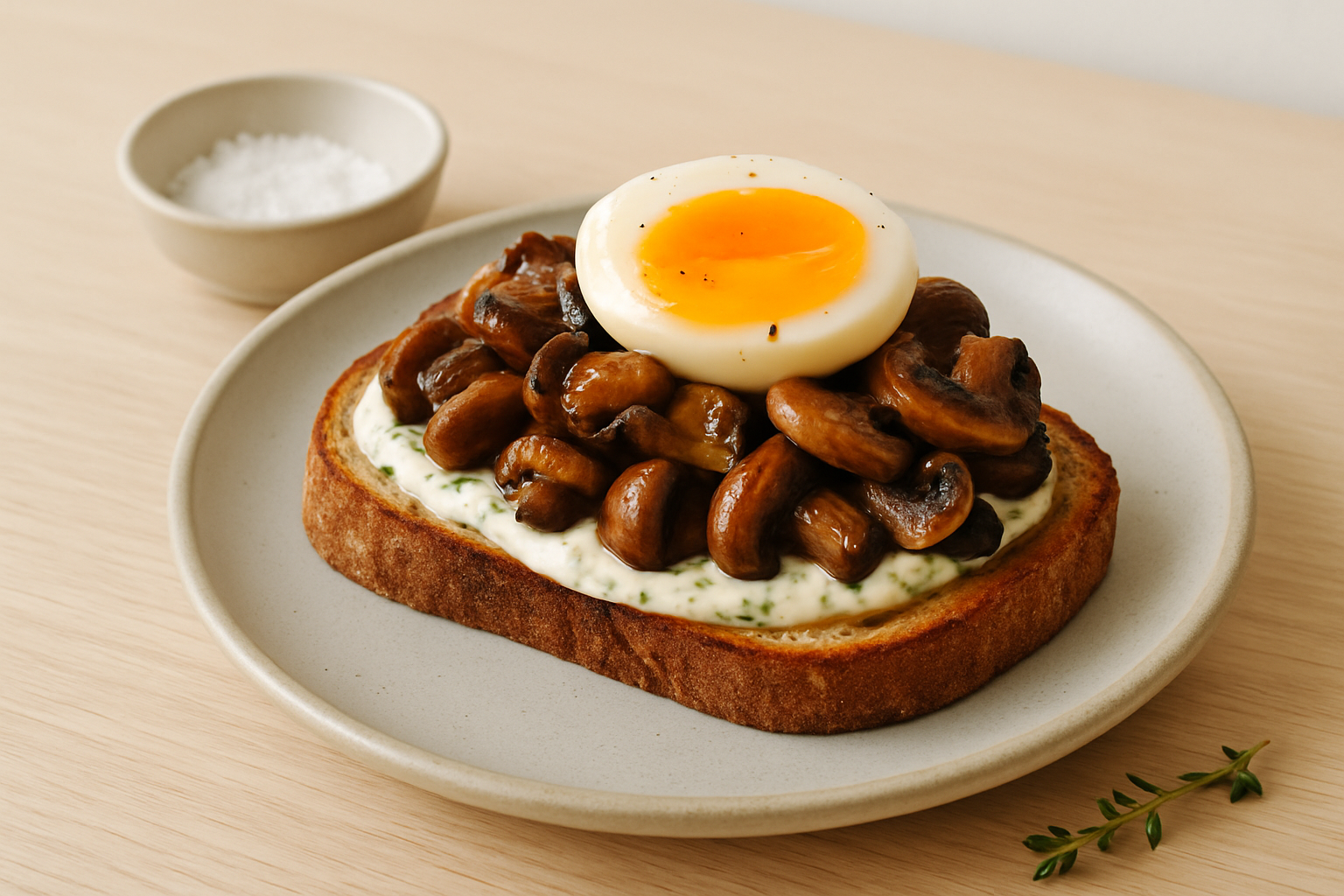 Thick sourdough toast piled with roasted brown mushrooms, whipped herb ricotta and a soft egg with a runny yolk on a pale grey stoneware plate