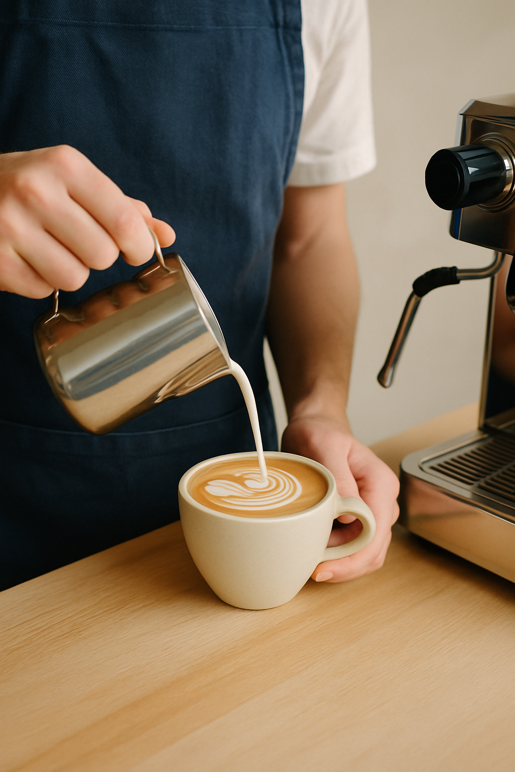 Barista steaming milk and pouring latte art at the espresso machine