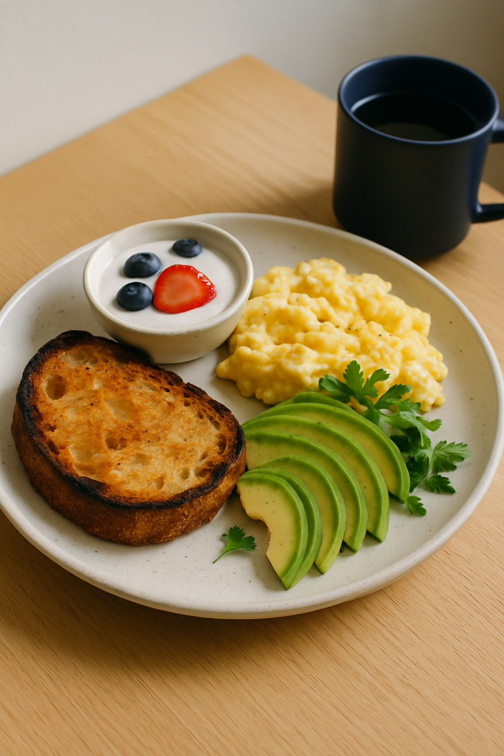 Breakfast plate with sourdough toast, soft eggs and greens