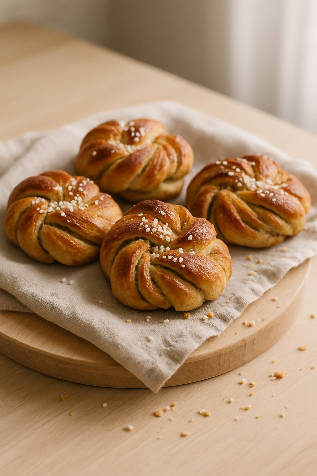 Freshly baked cardamom buns on a linen cloth and wooden board