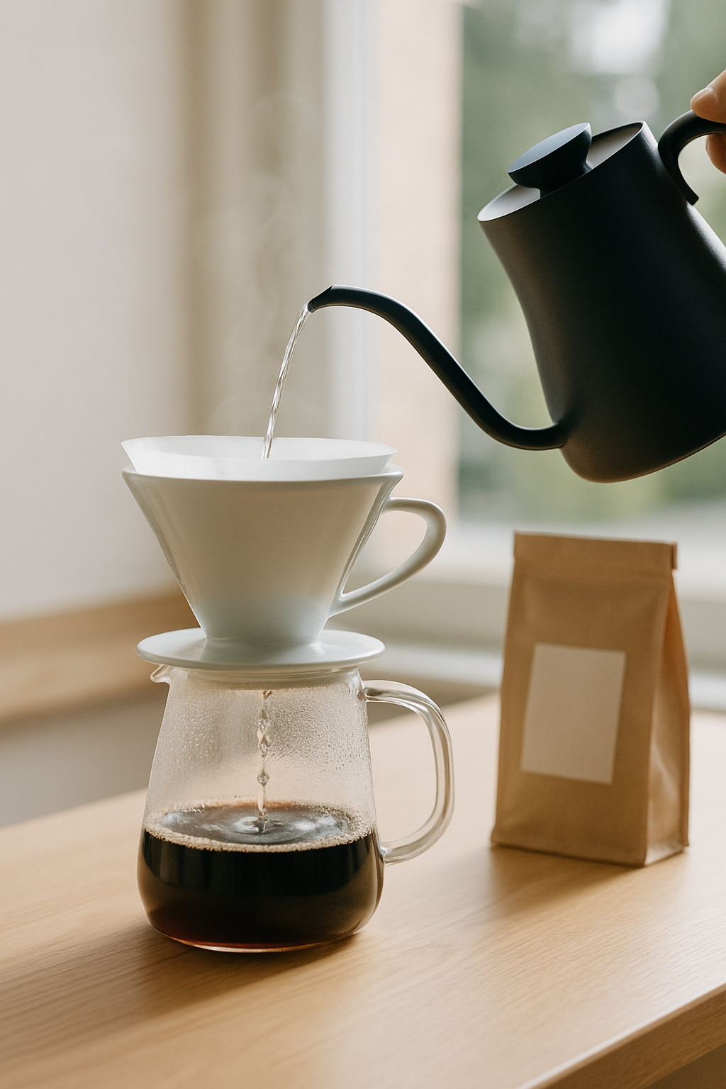 Pour-over filter coffee brewing into a glass carafe on a wooden counter
