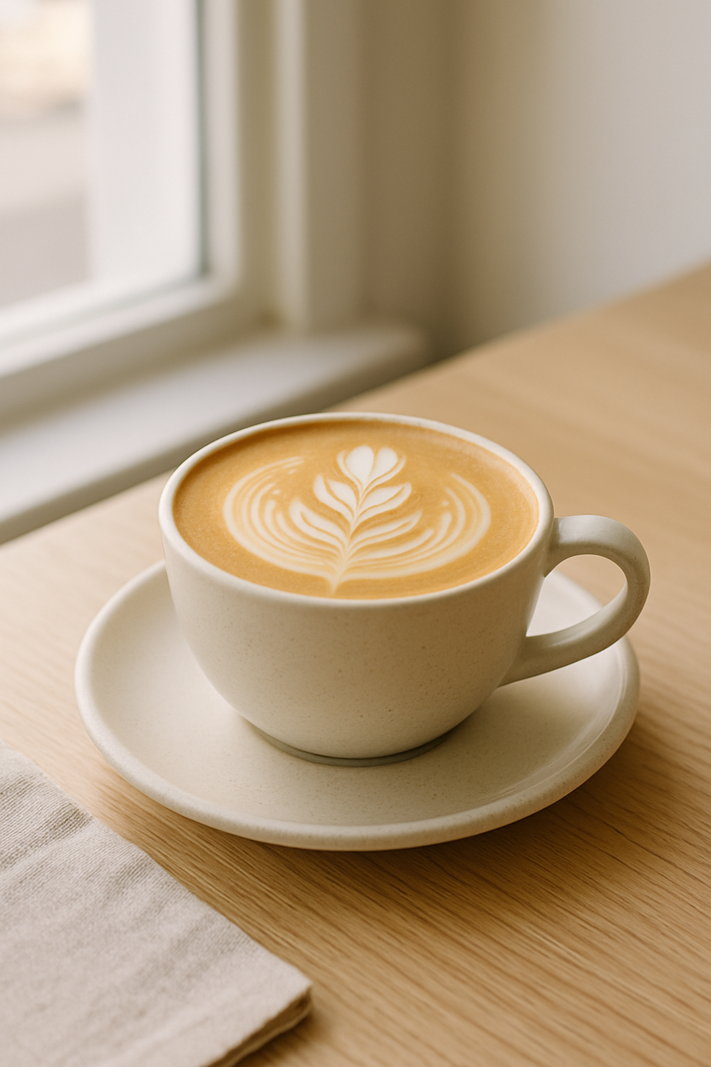 Flat white with latte art in a pale ceramic cup on a light oak table by the window