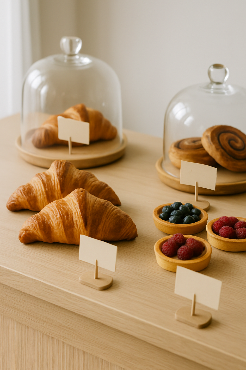 Pastry counter with croissants and berry tarts under glass domes