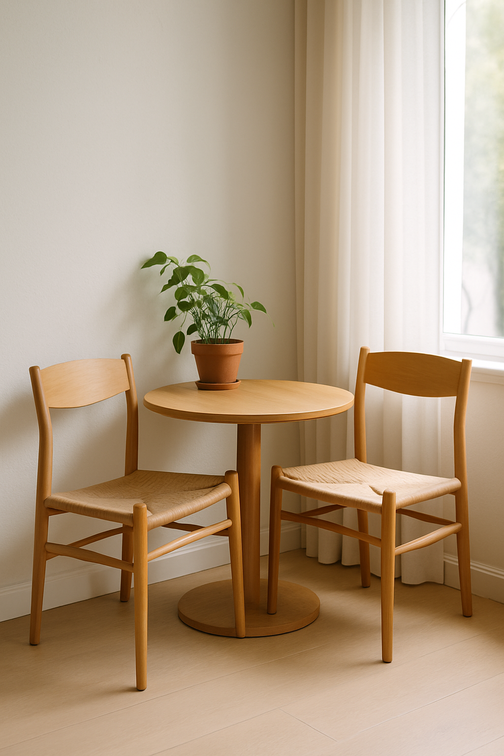Quiet cafe corner with wooden chairs, plants and soft window light