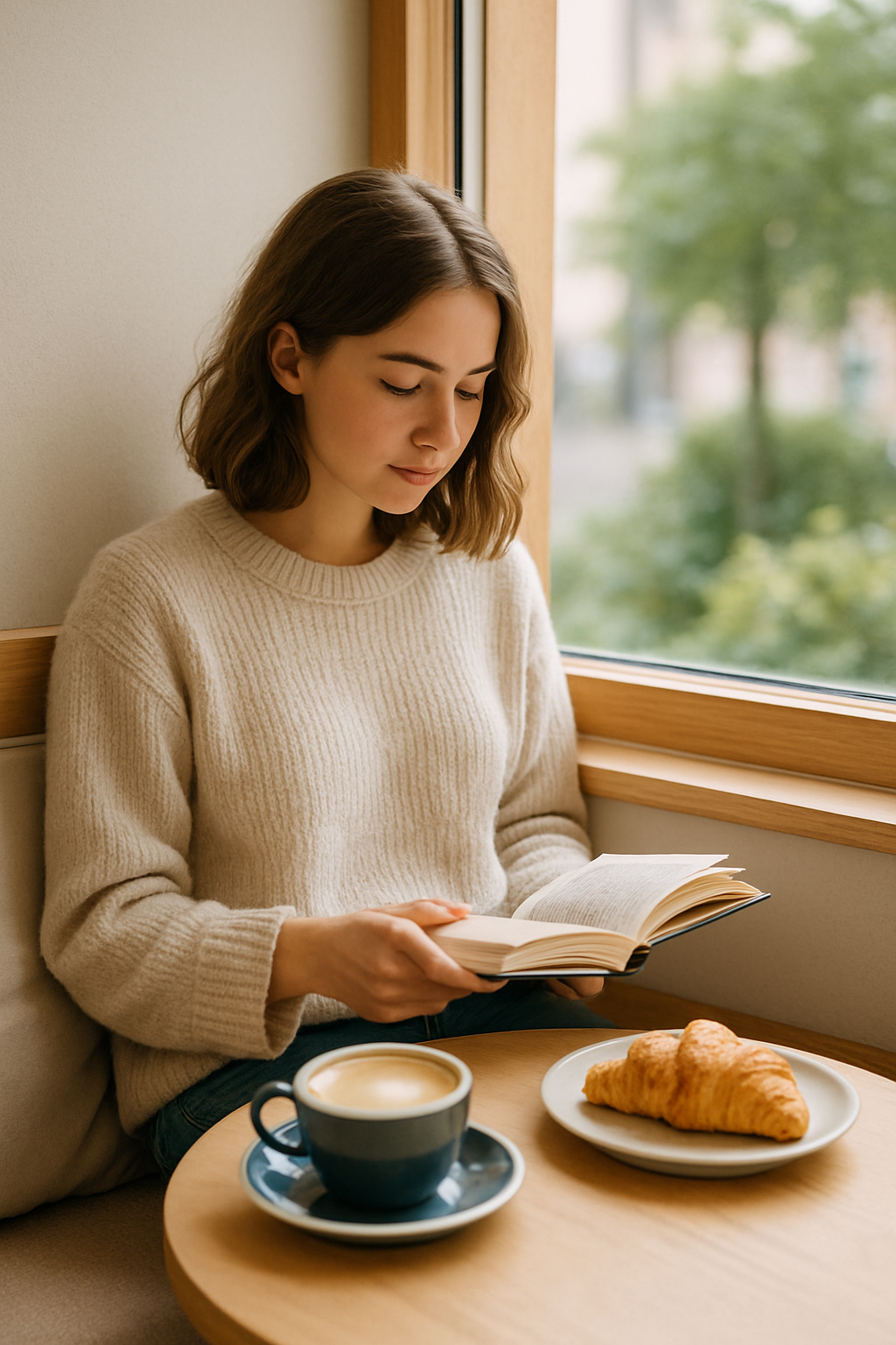Guest reading with a coffee at a sunny window seat