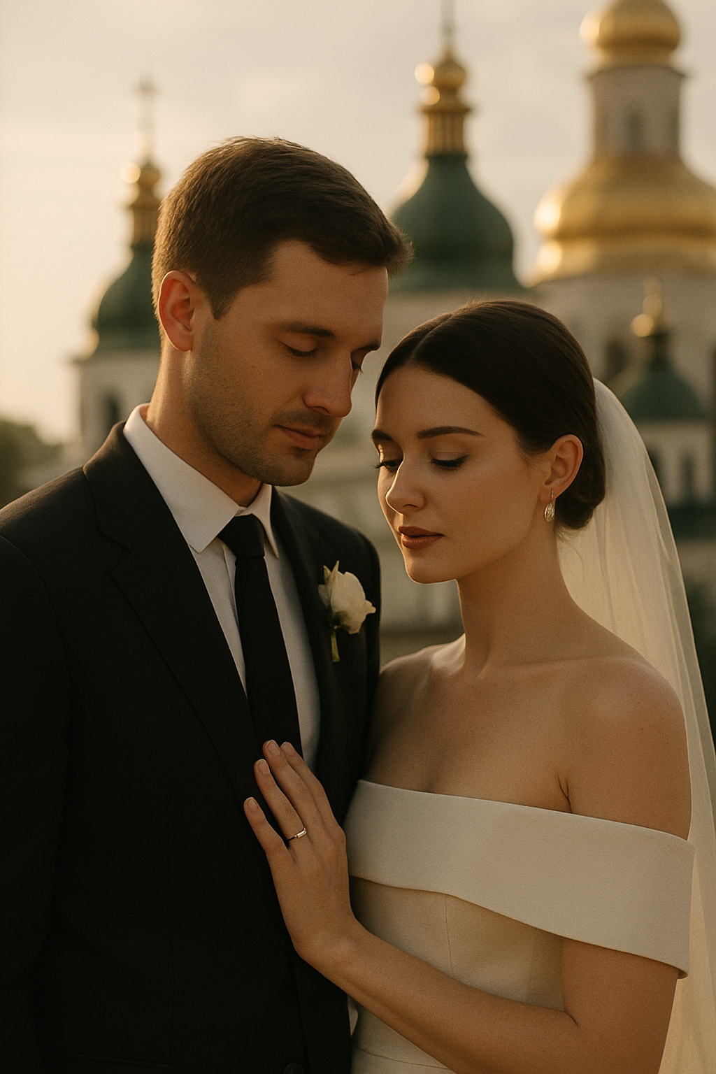 Elegant cinematic wedding portrait in warm natural light