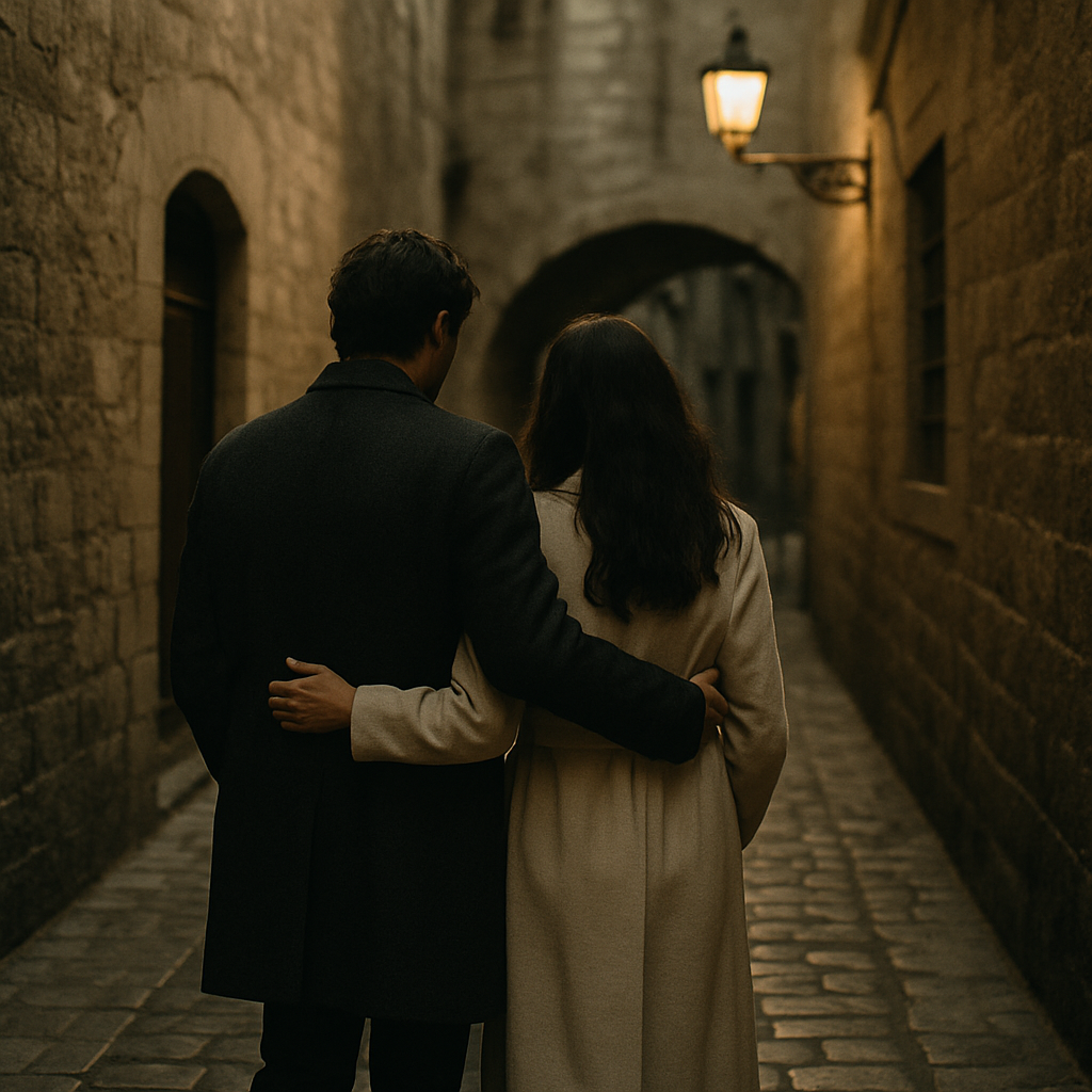 Couple walking through a quiet European alley in soft evening light