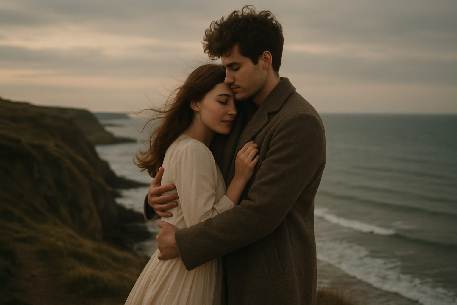 Couple embracing on a windswept seaside cliff