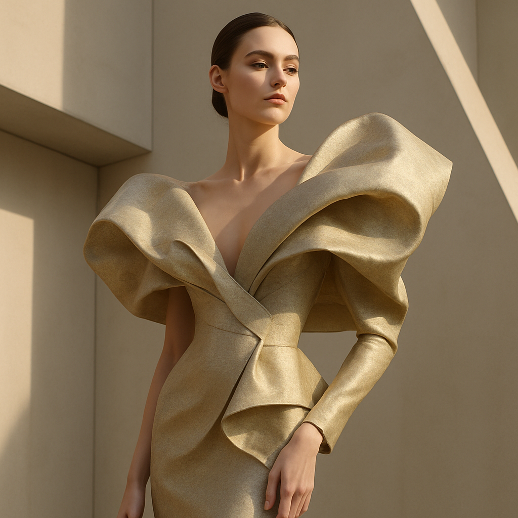 Model in sculptural outfit against minimalist architectural lines