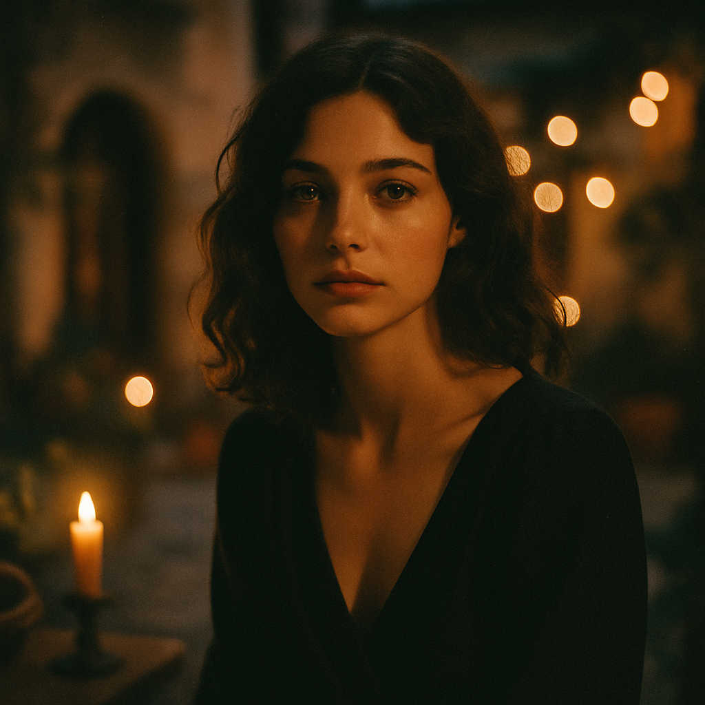 Film portrait in a candlelit courtyard with soft bokeh
