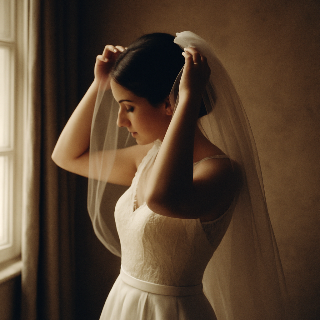 35mm film still of a bride adjusting her veil
