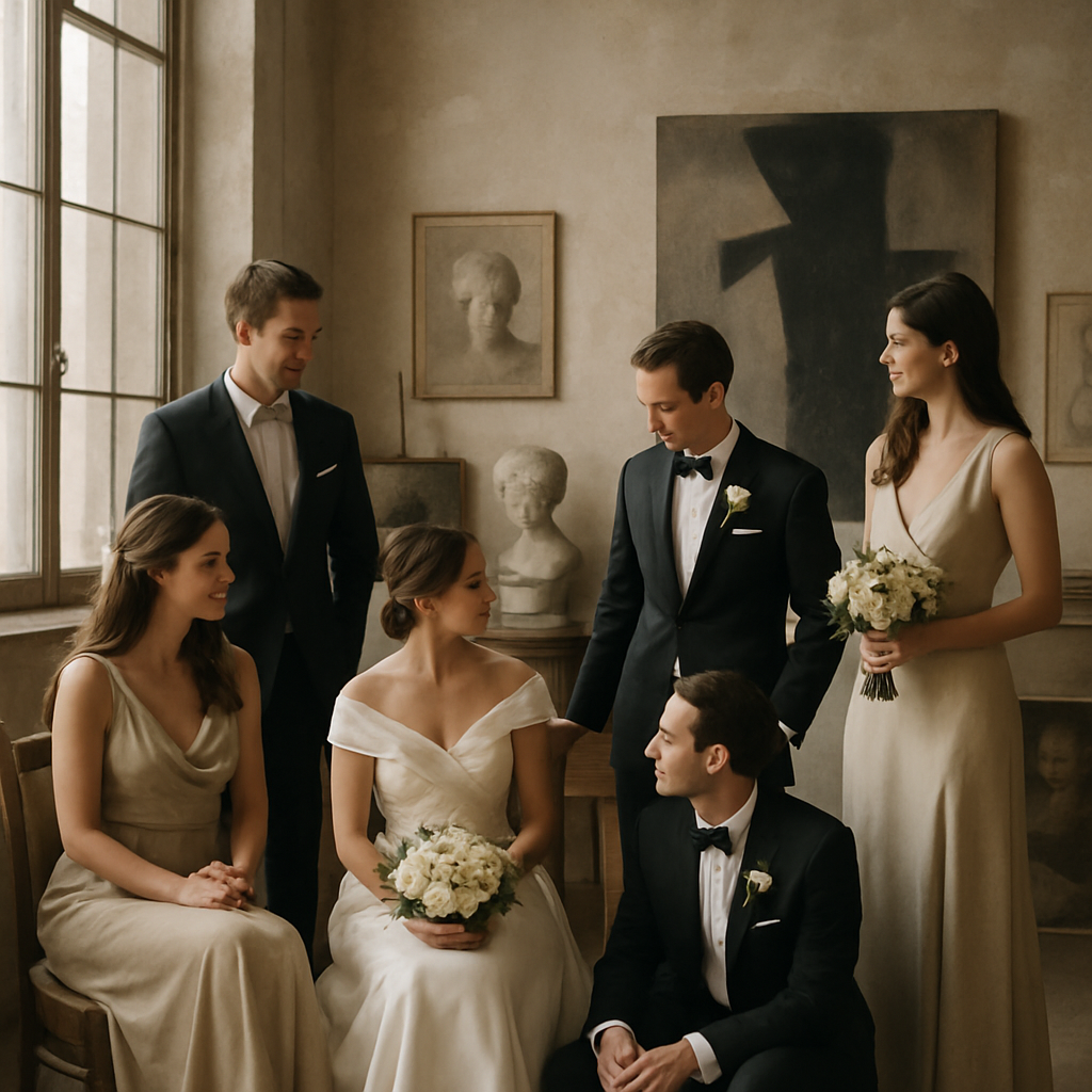 Wedding party in an art-filled atelier with soft window light