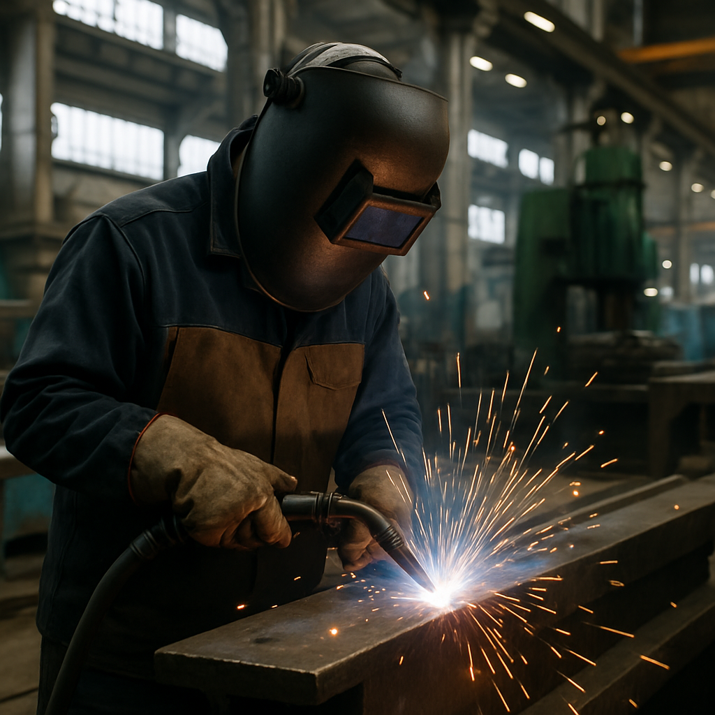 Industrial welding project in progress with sparks and machinery