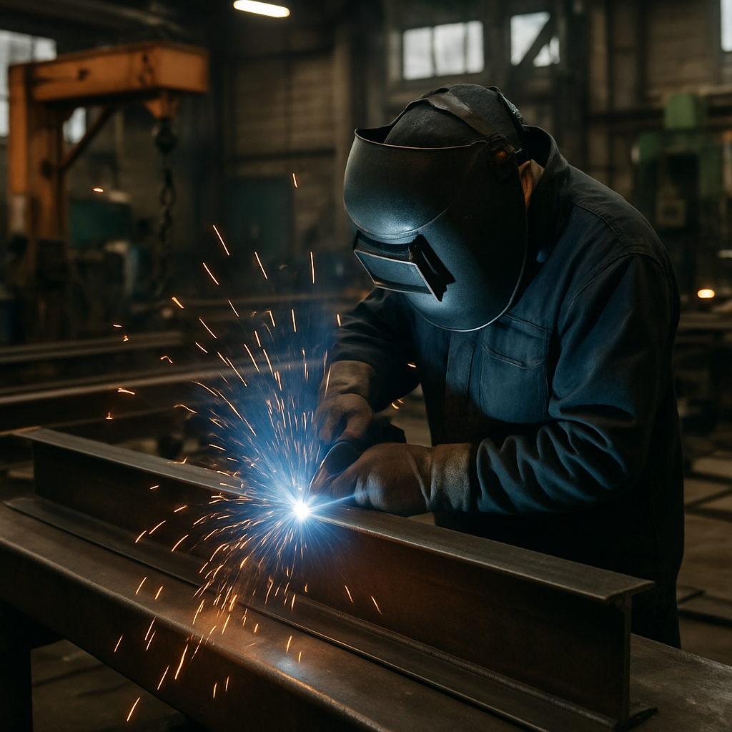 Industrial welding project in progress with sparks and machinery