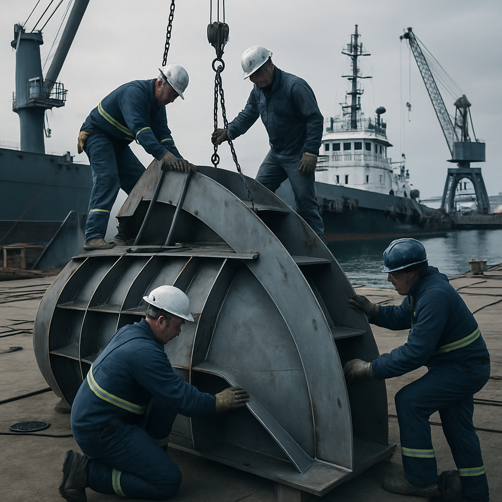 Marine fabrication team working on a large metal structure by the dock