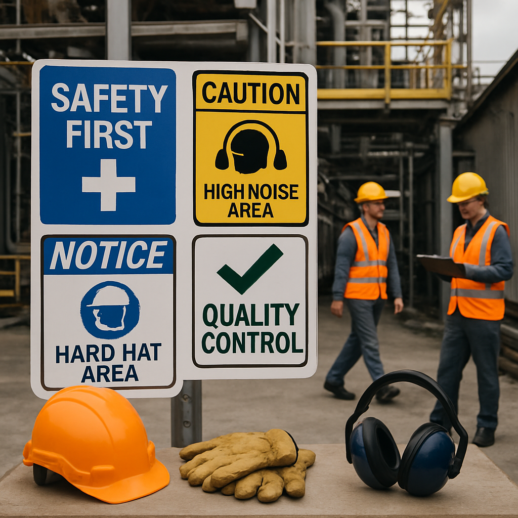 Worksite scene highlighting safety and quality control signage