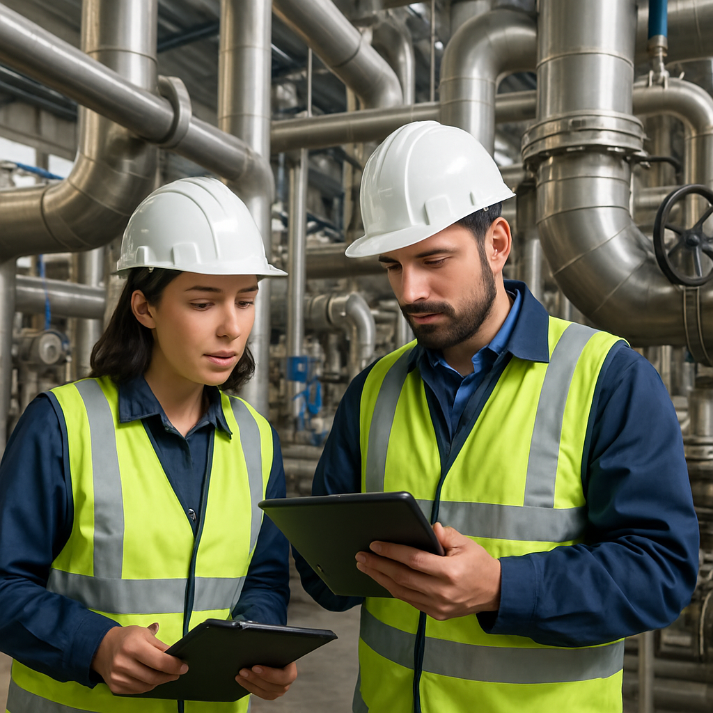 Skilled electromechanical workers inspecting piping systems in an industrial plant