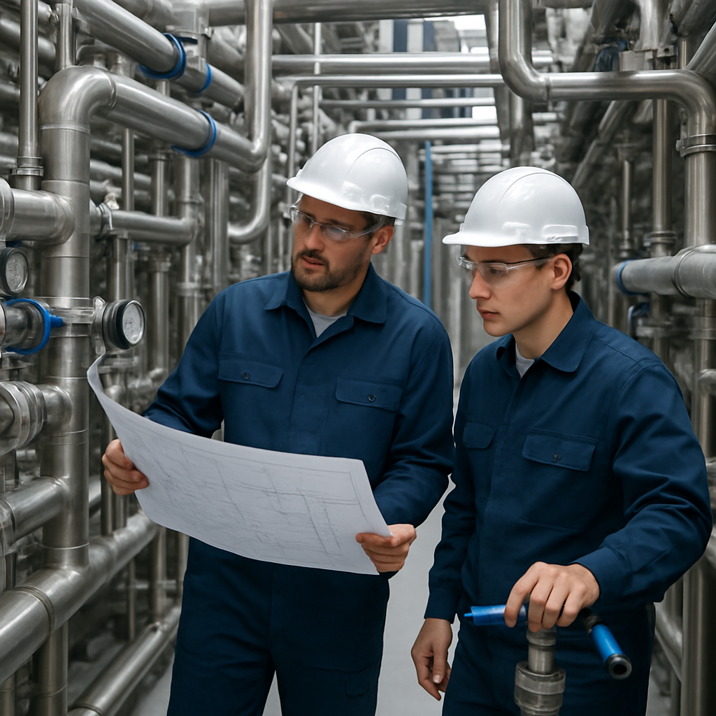 Skilled electromechanical workers inspecting piping systems in an industrial plant