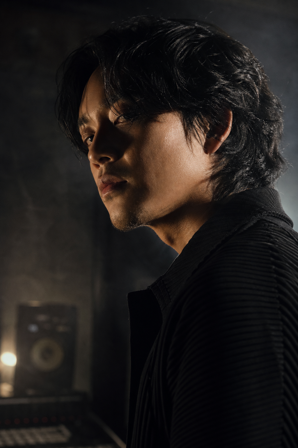 Close-up artist portrait detail in low-key studio lighting with moody shadows and a refined edgy atmosphere
