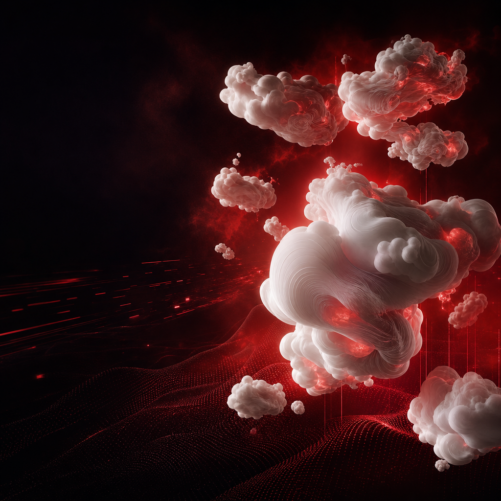 Abstract tachyon signal cloud with cyan mesh turbulence, scan bands, and structured glow rings