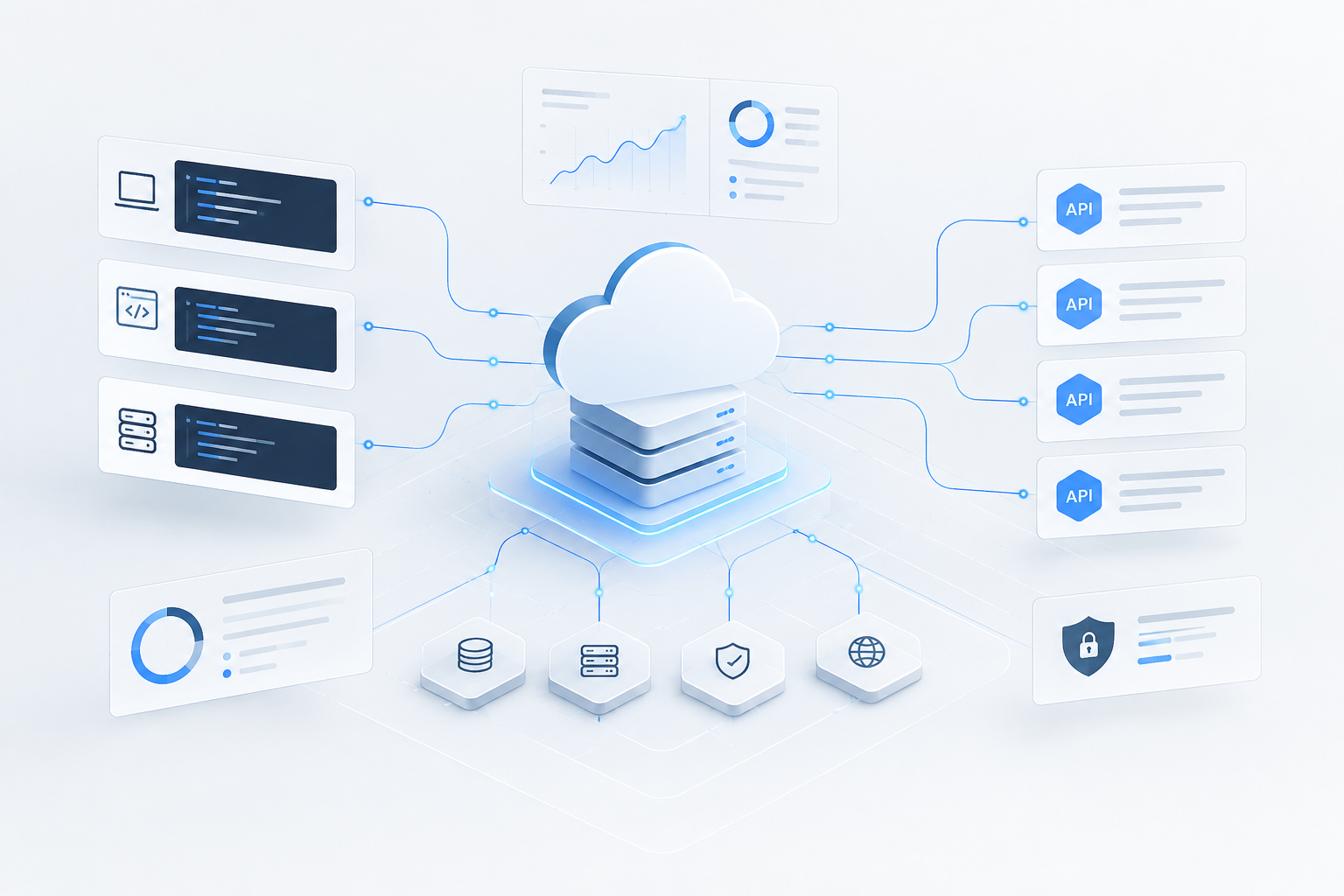 Abstract enterprise cloud and API network visualization with connected nodes, data flow lines, and layered orchestration panels